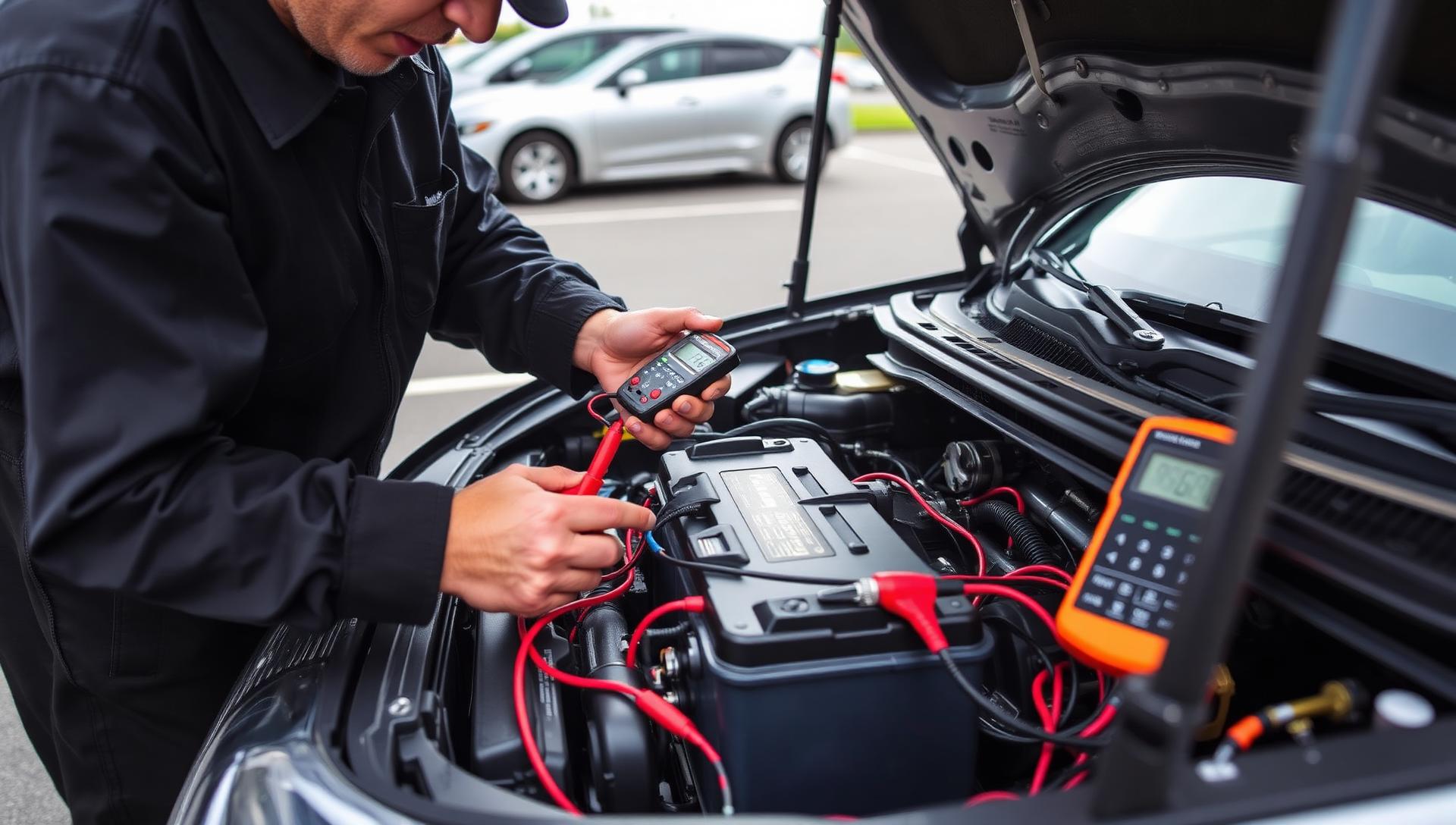 Mobile mechanic testing a car battery and alternator with a multimeter in Nashville