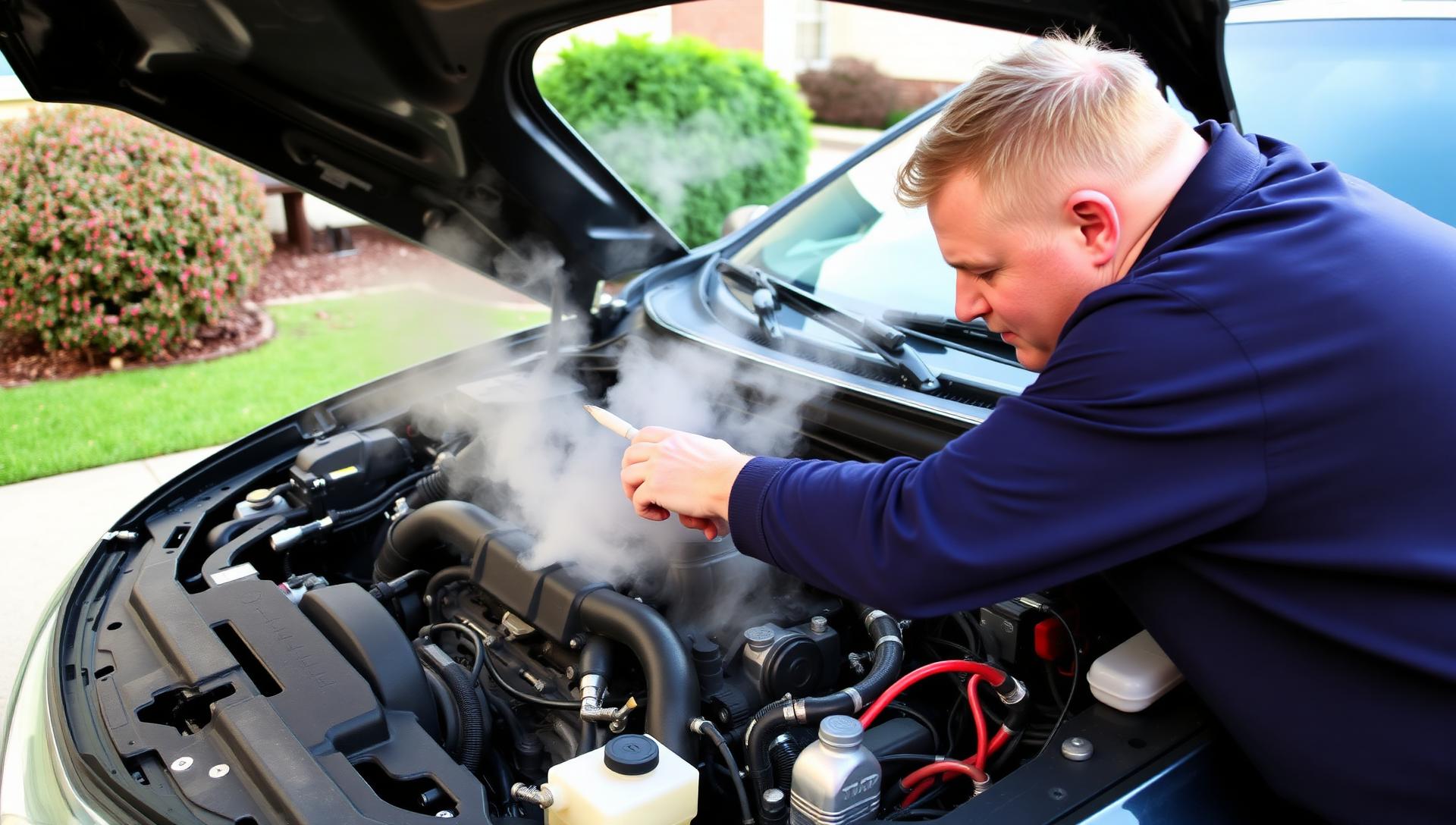 Mobile mechanic inspecting an overheating engine and radiator in a Nashville driveway